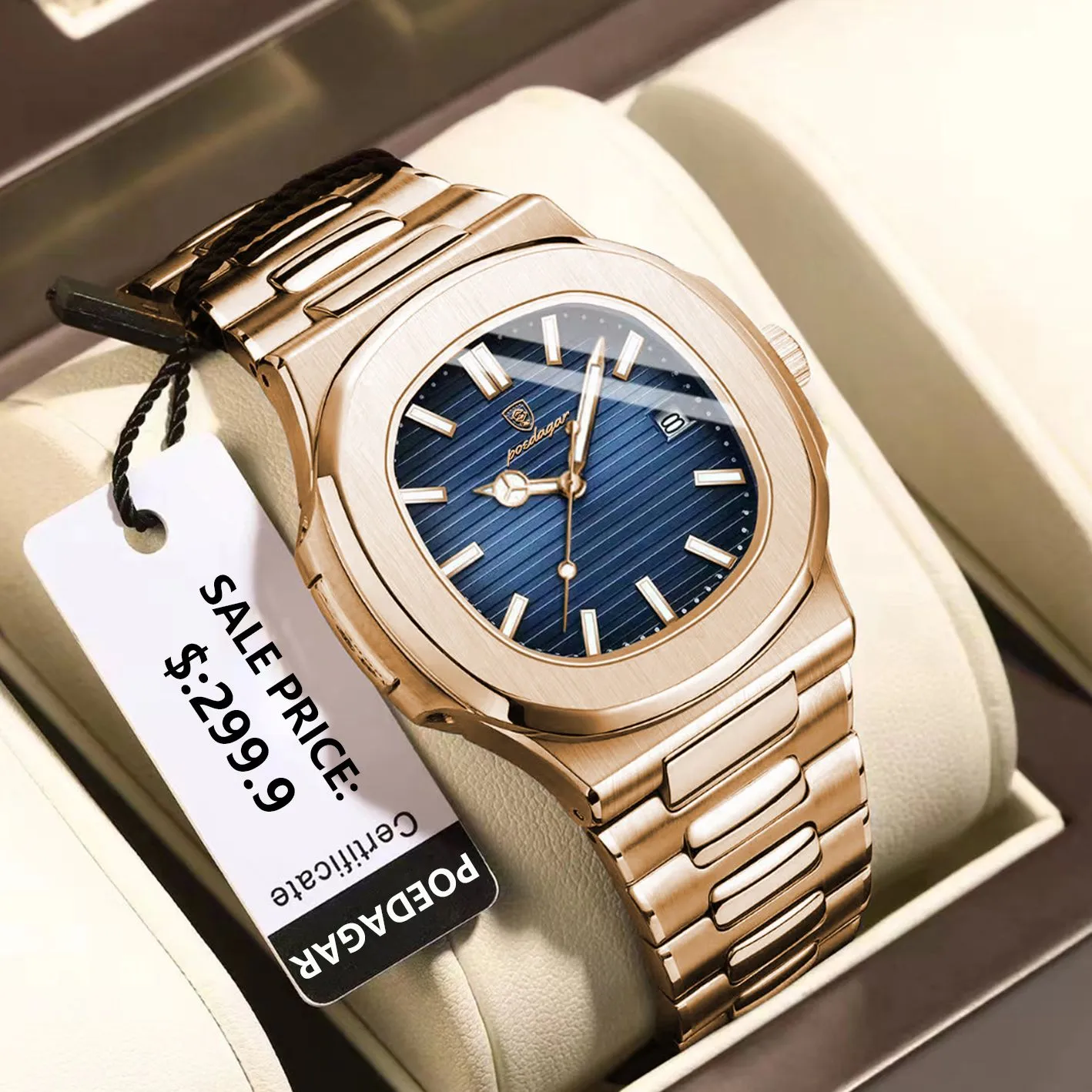 Poedagar Top Brand Luxury Fashion Rose Gold Square Men Quartz Watch  Waterproof Luminous Date Stainless Steel Watch for Men