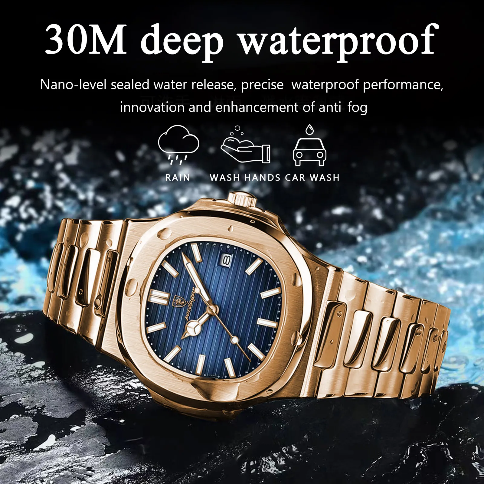 Poedagar Top Brand Luxury Fashion Rose Gold Square Men Quartz Watch  Waterproof Luminous Date Stainless Steel Watch for Men