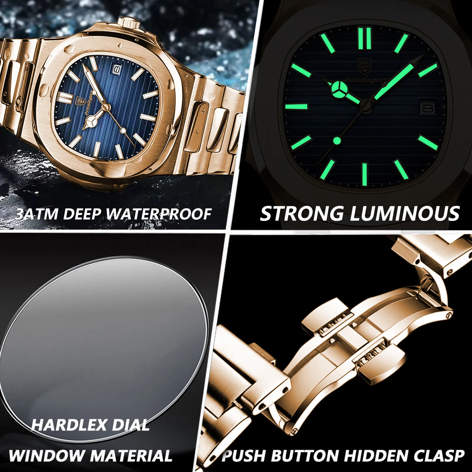 Poedagar Top Brand Luxury Fashion Rose Gold Square Men Quartz Watch  Waterproof Luminous Date Stainless Steel Watch for Men