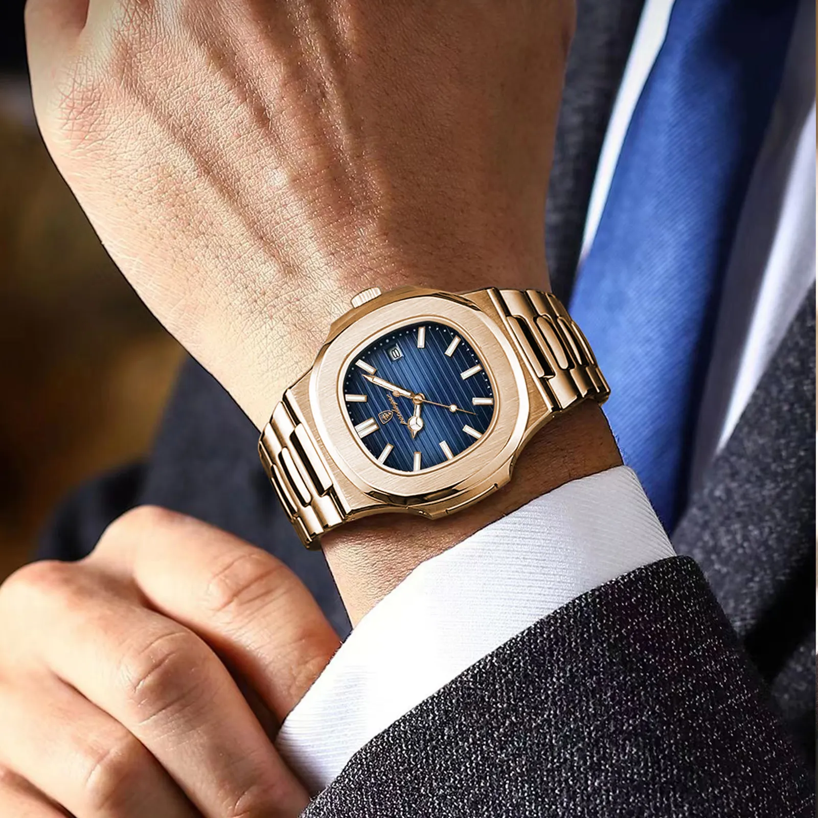 Poedagar Top Brand Luxury Fashion Rose Gold Square Men Quartz Watch  Waterproof Luminous Date Stainless Steel Watch for Men