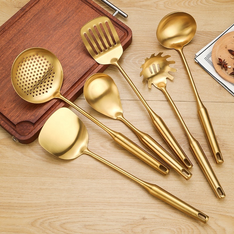 Hollow handle metal cooking tool set stainless steel gold kitchen utensils set