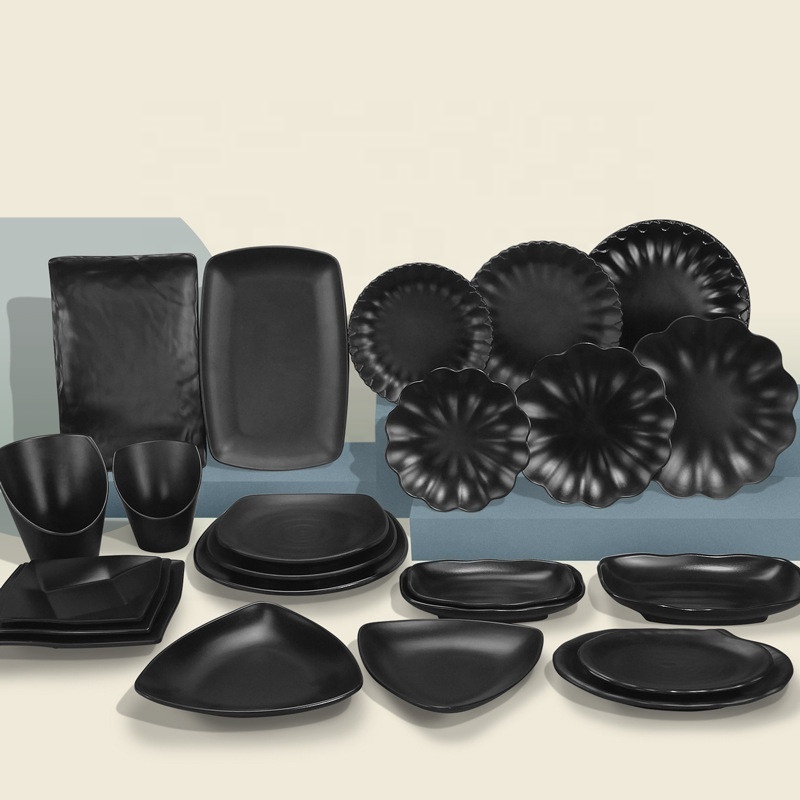 100% Melamine sushi serving soy sauce dishes matt black dinnerware sets for sushi restaurant frosted rectangular plates