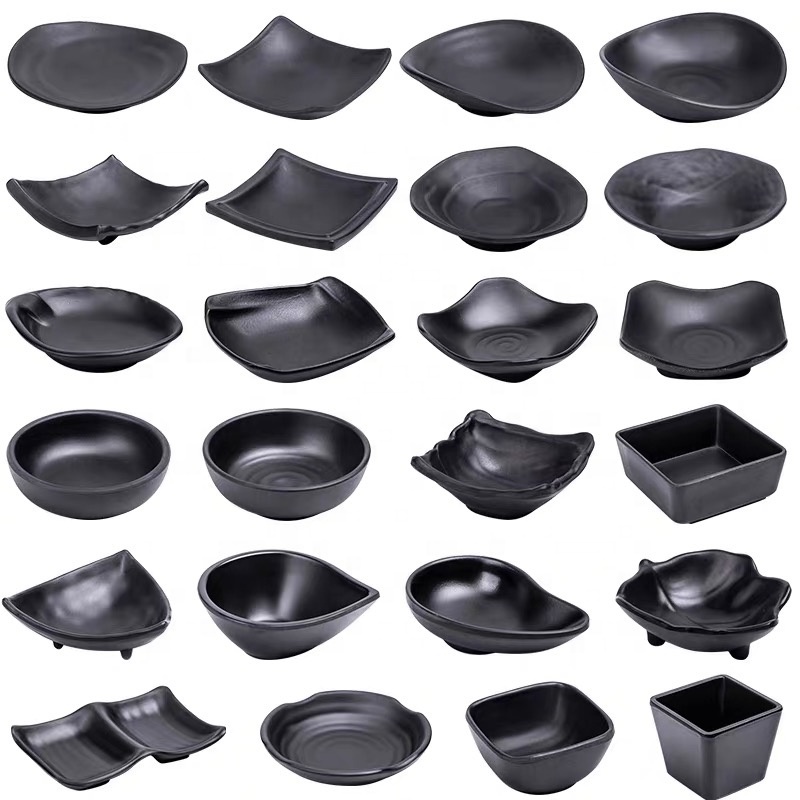 Black melamine tableware dip plate Japanese style black tableware Frosted thickened plastic dish