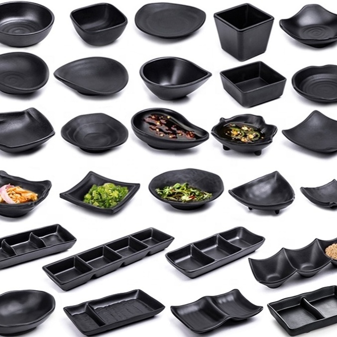 Black melamine tableware dip plate Japanese style black tableware Frosted thickened plastic dish