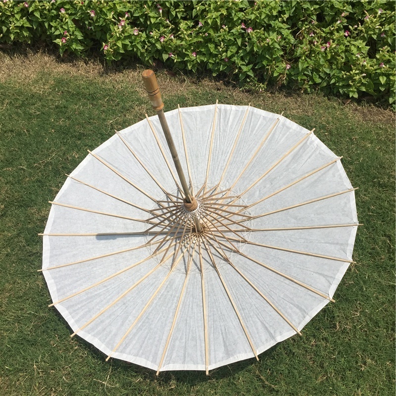 PoeticExist Wholesale Custom Chinese Traditional Handcrafted Out Door Long Straight White Paper Parasol Sun Umbrella for Wedding