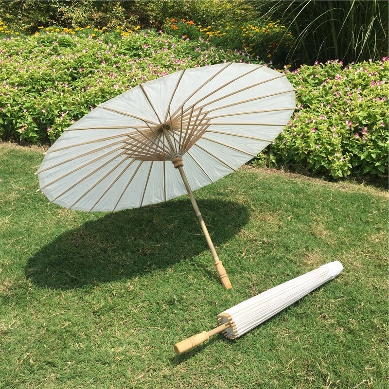 PoeticExist Wholesale Custom Chinese Traditional Handcrafted Out Door Long Straight White Paper Parasol Sun Umbrella for Wedding