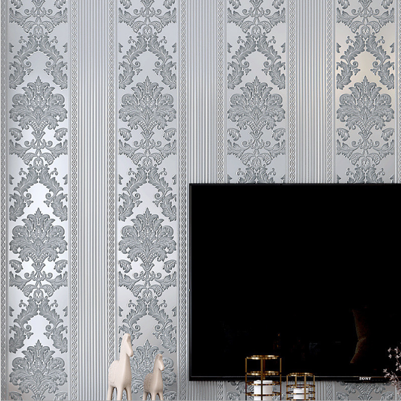 Simple European 3D Vertical Stripes European Flower Wallpaper Bedroom Living Room TV Back Wall Silver Gray Non-Woven Wallpaper