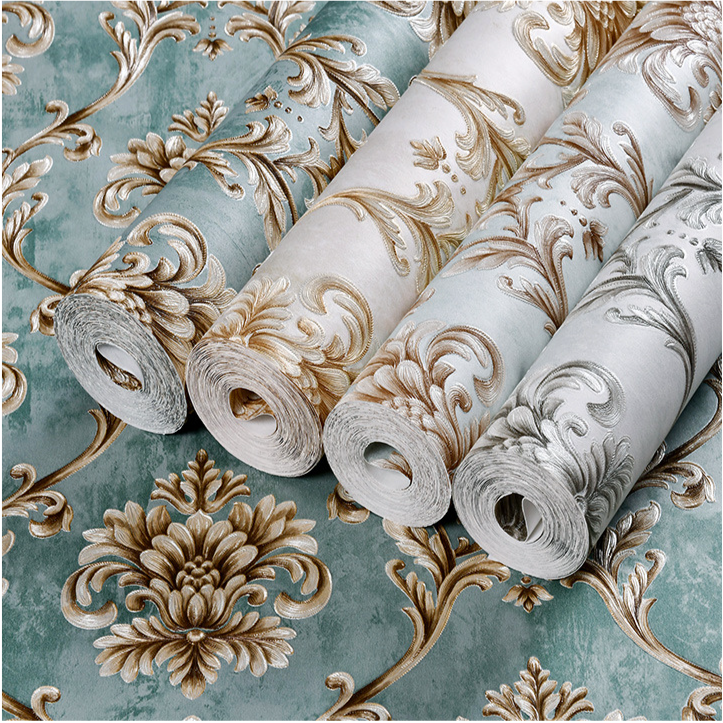 Fashion 3d home decoration European-Style Adhesive Luxury Retro Embossed Large Flower Damascus Wall Sticker wall paper rolls