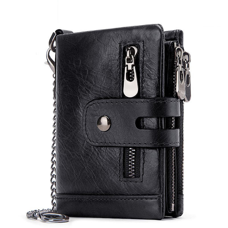 Top Layer Cowhide RFID Anti-Theft  Real Leather Wallet Tri-Fold Credit Card Slots Crazy Horse Leather  Slim Zipper Purse