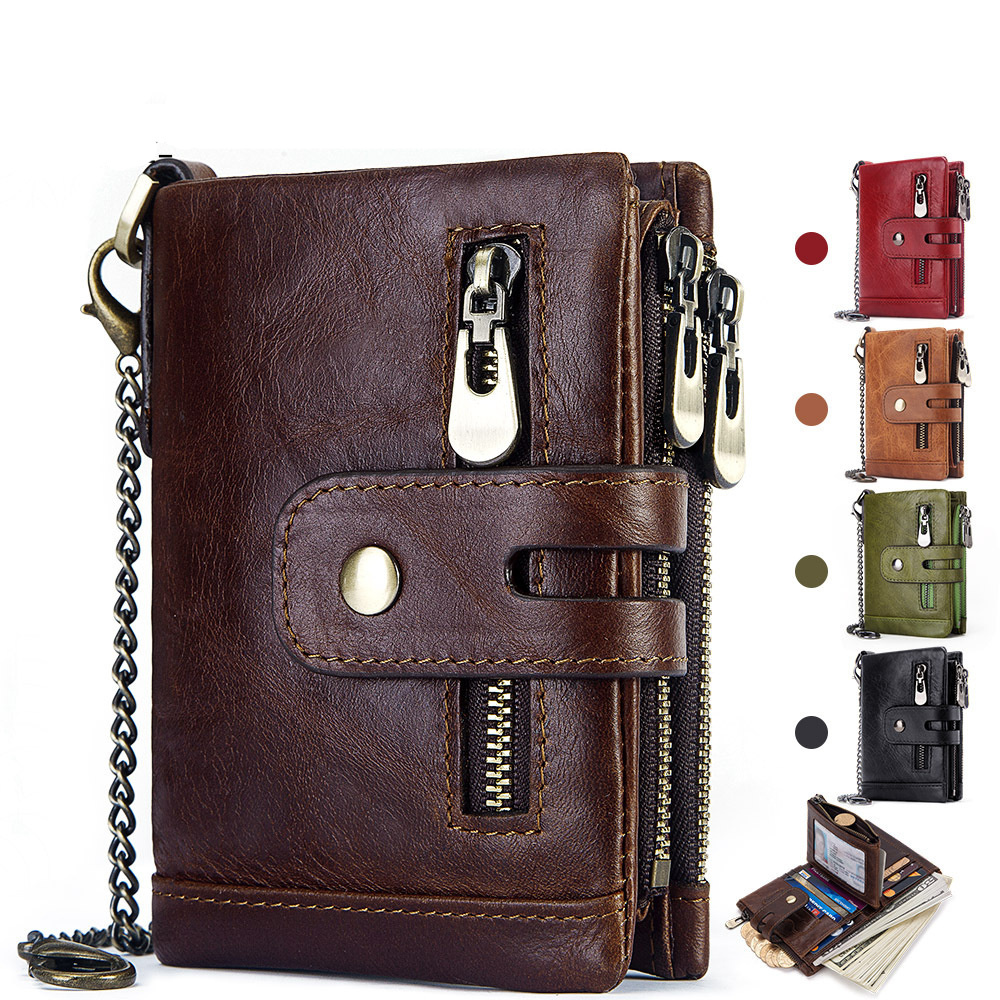 Top Layer Cowhide RFID Anti-Theft  Real Leather Wallet Tri-Fold Credit Card Slots Crazy Horse Leather  Slim Zipper Purse