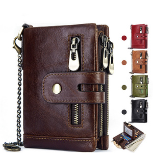 Top Layer Cowhide RFID Anti-Theft  Real Leather Wallet Tri-Fold Credit Card Slots Crazy Horse Leather  Slim Zipper Purse