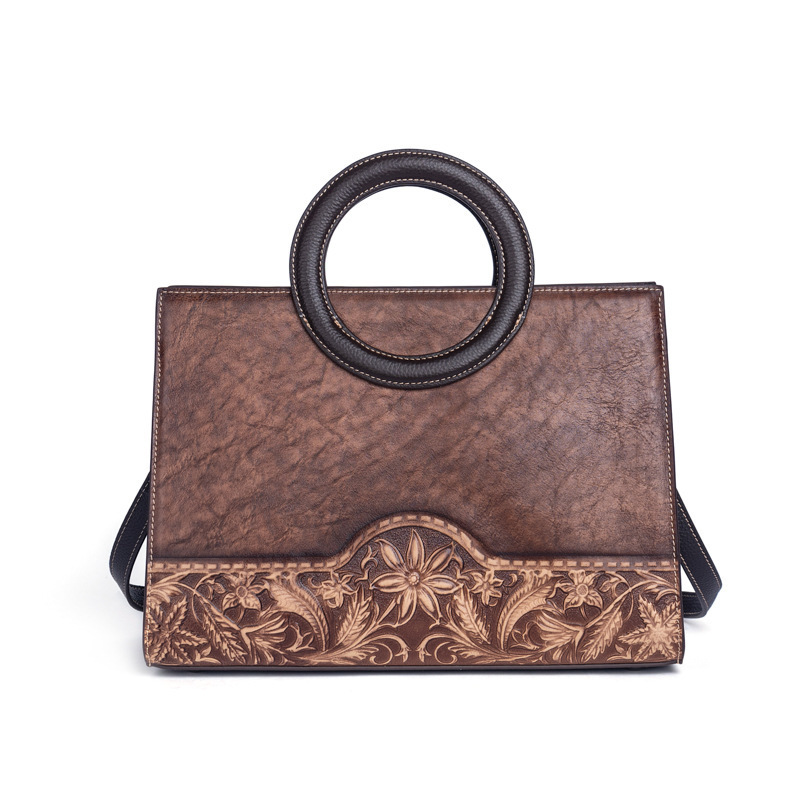 OEM Chinese Style Women Bag Embossed Large Capacity Handbag Top Layer Cowhide Retro One Shoulder Messenger Bag