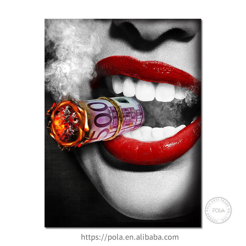 Red Lips Smoking Woman Wall Art Canvas Prints Golden Watch Burning Dollars Money Cigarette Rich Girl Living Room Posters Decor