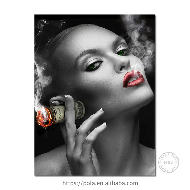 Red Lips Smoking Woman Wall Art Canvas Prints Golden Watch Burning Dollars Money Cigarette Rich Girl Living Room Posters Decor