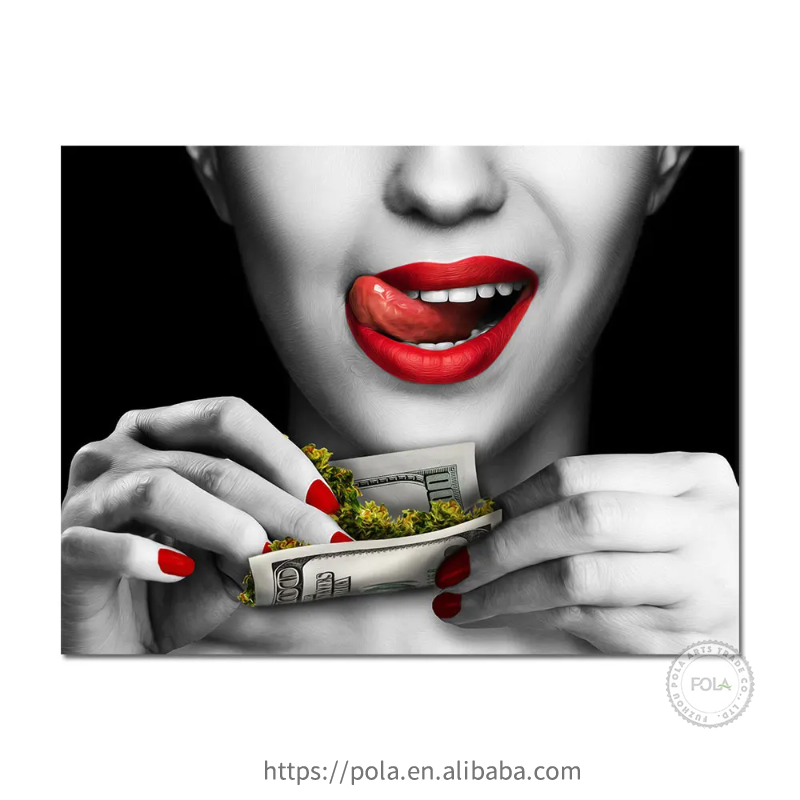 Red Lips Smoking Woman Wall Art Canvas Prints Golden Watch Burning Dollars Money Cigarette Rich Girl Living Room Posters Decor