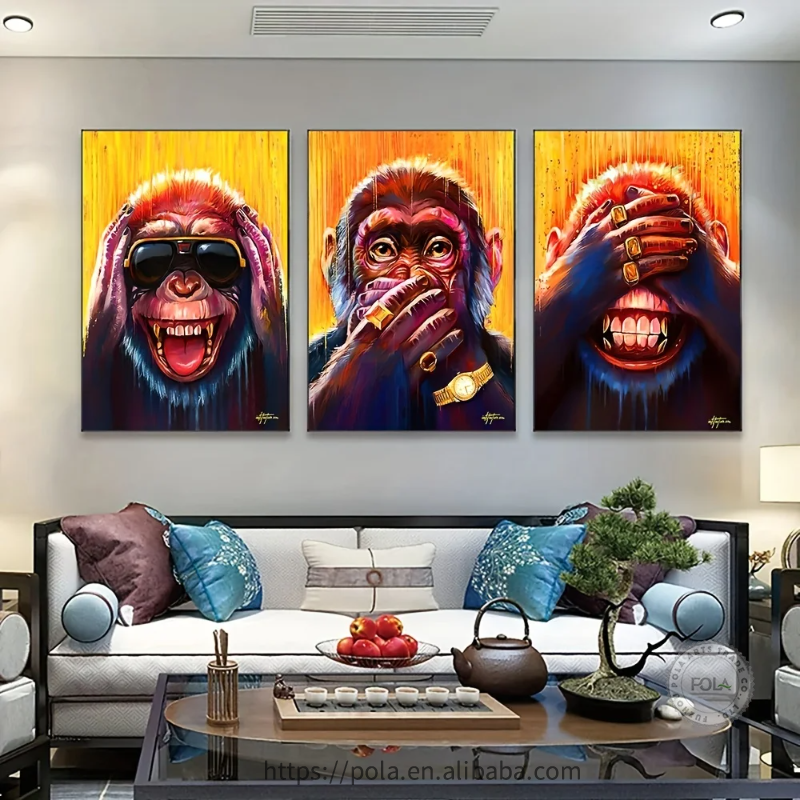 3pcs Three Funny Animal Monkey Posters and Prints Animal Earphone Canvas Paintings For Kids Living Room Wall Art Decor Posters