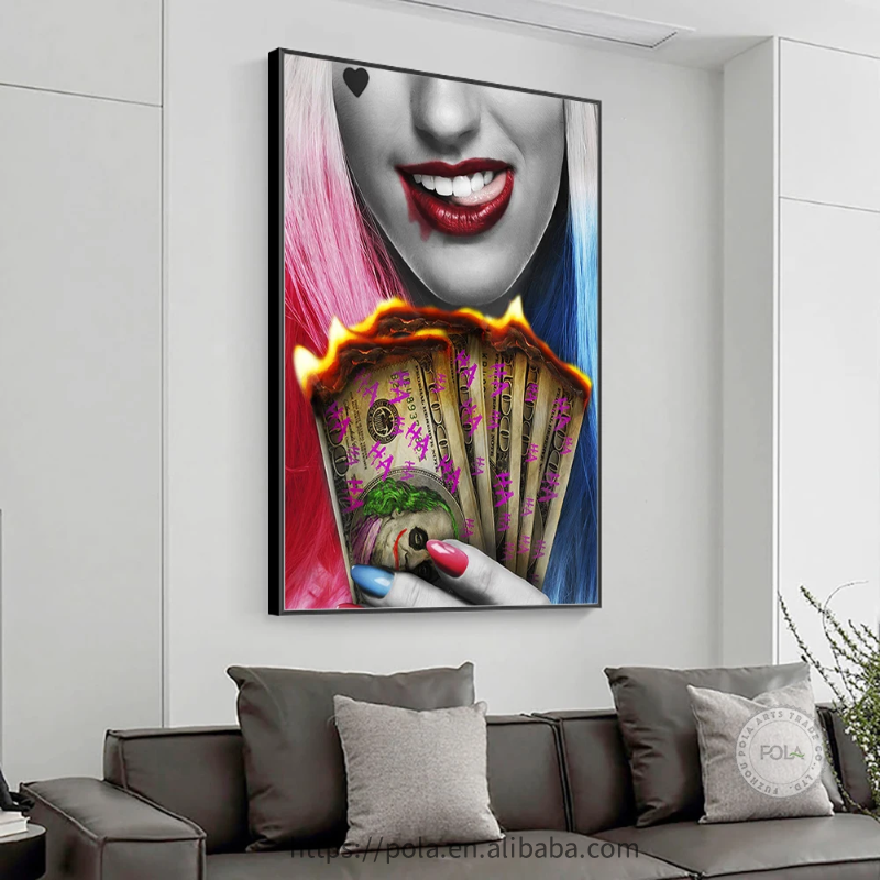 Red Lips Smoking Woman Wall Art Canvas Prints Golden Watch Burning Dollars Money Cigarette Rich Girl Living Room Posters Decor