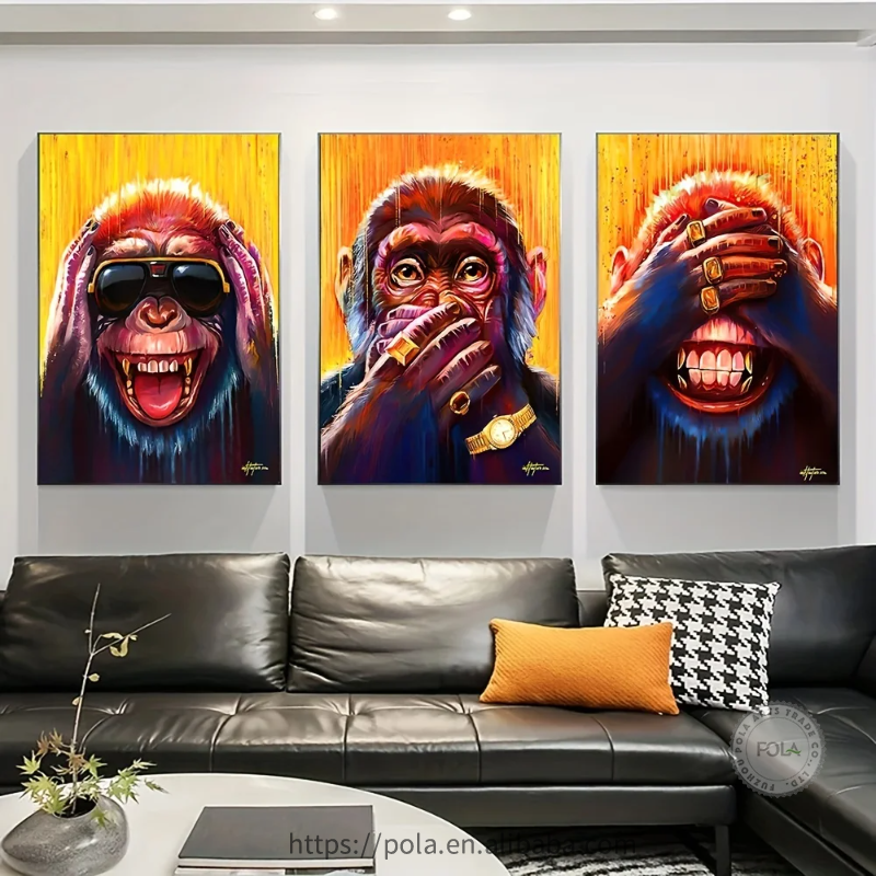 3pcs Three Funny Animal Monkey Posters and Prints Animal Earphone Canvas Paintings For Kids Living Room Wall Art Decor Posters