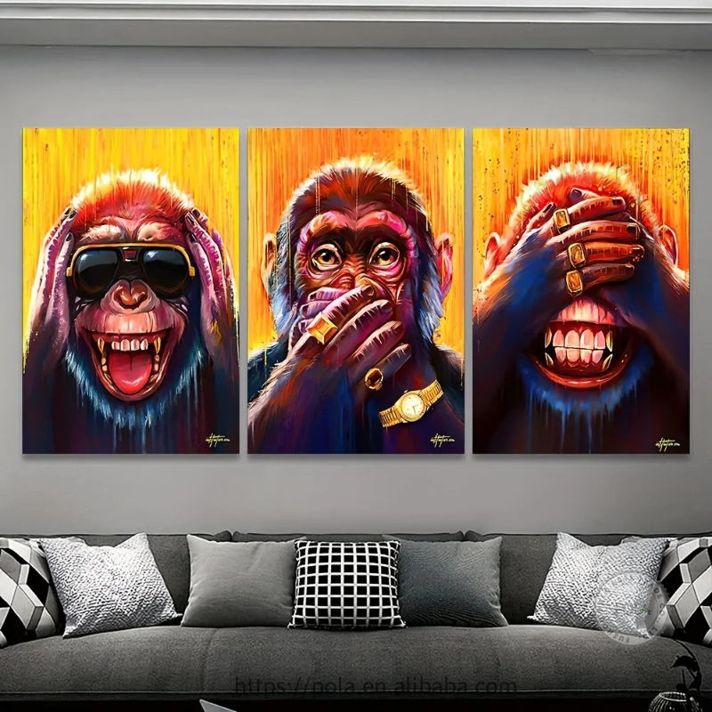 3pcs Three Funny Animal Monkey Posters and Prints Animal Earphone Canvas Paintings For Kids Living Room Wall Art Decor Posters