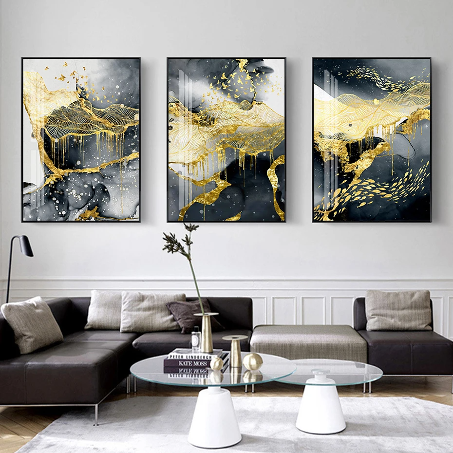 Luxury Gray Golden Abstract Graphic Art Canvas Painting Poster Simplicity Print Contemporary Wall Picture Home Decoration