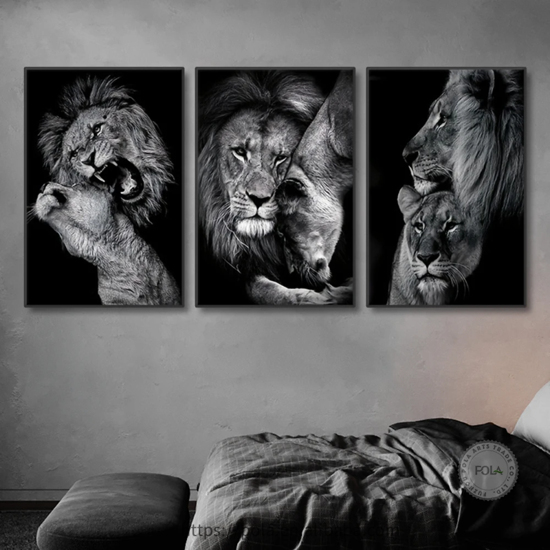 3pcs Modern Lion Family Canvas Wall Art Black and White Animal Poster Pints for Bedroom Decor Aesthetic Wall Art Home Decor