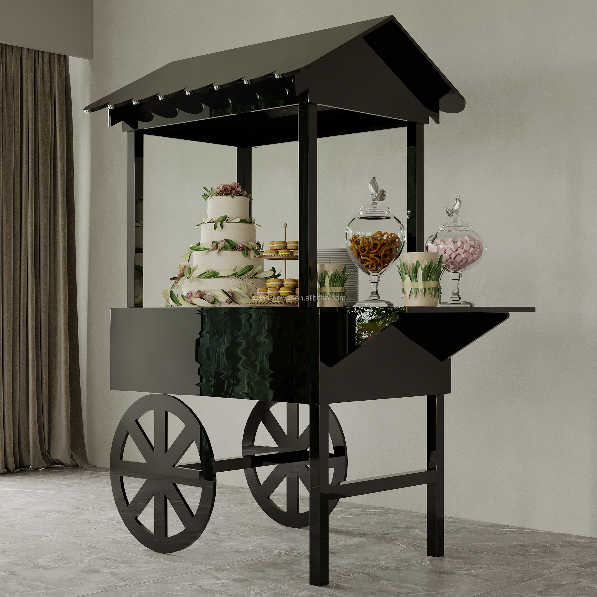 Candy Cart With Wheels Wedding Pvc Acrylic Black Candy Bar Cart Party Decoration Display Stand