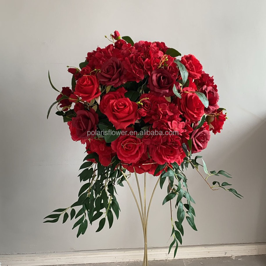 Elegant Artificial Wedding Table Centerpiece Silk Kissing Red Rose Flower Ball