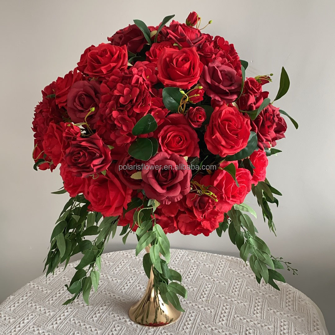 Elegant Artificial Wedding Table Centerpiece Silk Kissing Red Rose Flower Ball