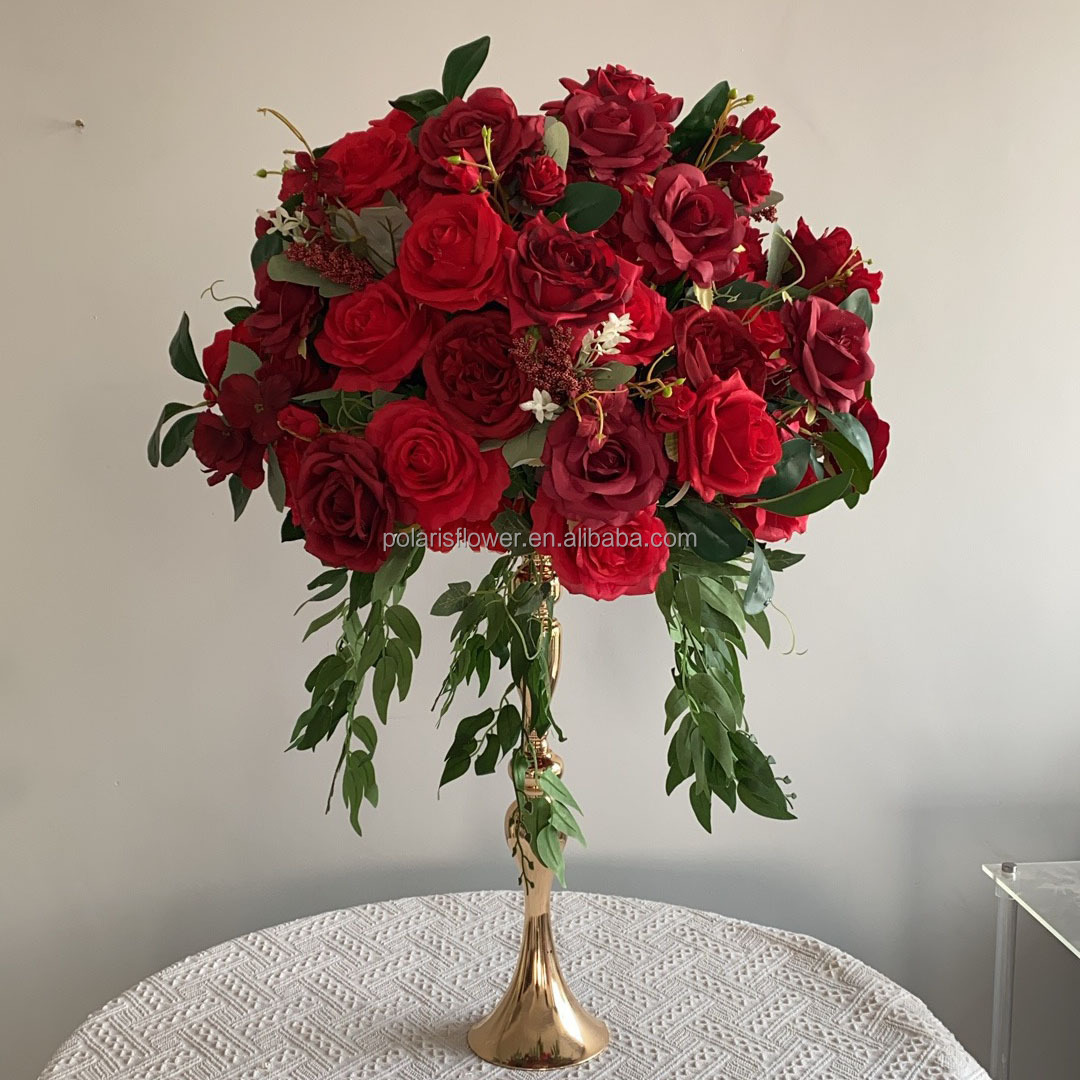 Elegant Artificial Wedding Table Centerpiece Silk Kissing Red Rose Flower Ball