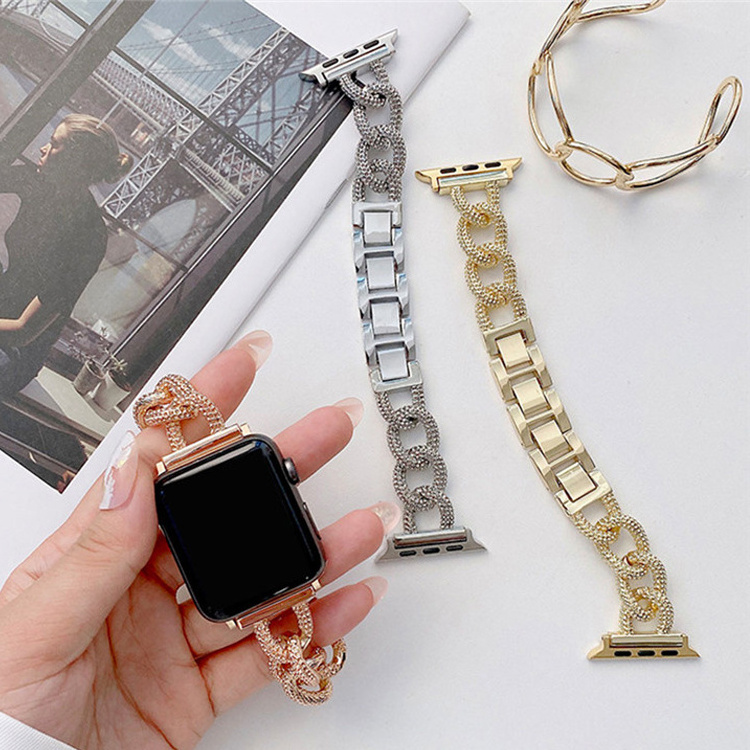 Woman Stainless Steel Watch Straps For Apple Watch Band 40mm 41mm 44mm 45mm Diamond Chain Metal Strap For iWatch Bracelet