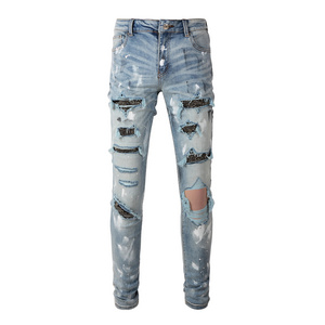 Splash-Ink Pressed Diamond Patch Stretch Jeans Ripped Jeans Men Jeans Trousers For Men