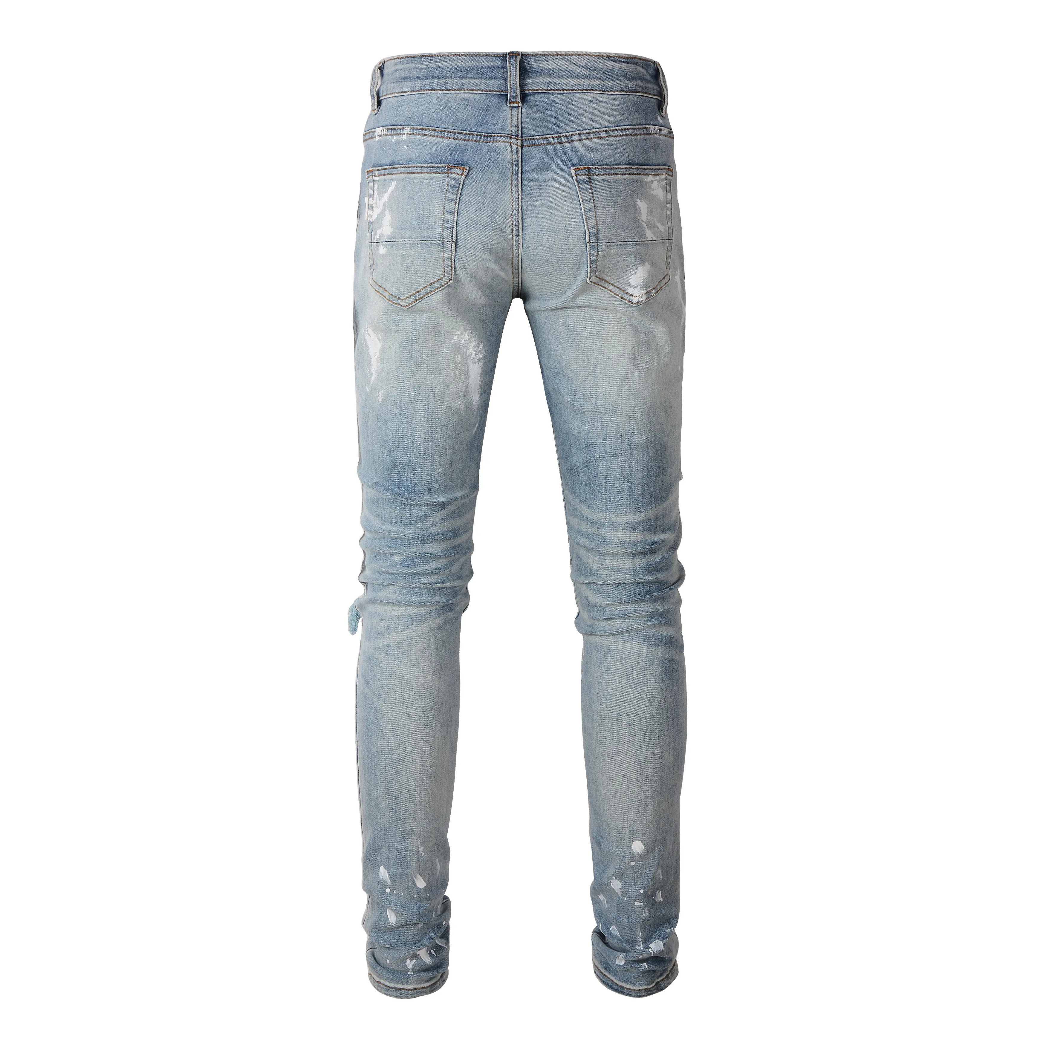 Splash-Ink Pressed Diamond Patch Stretch Jeans Ripped Jeans Men Jeans Trousers For Men