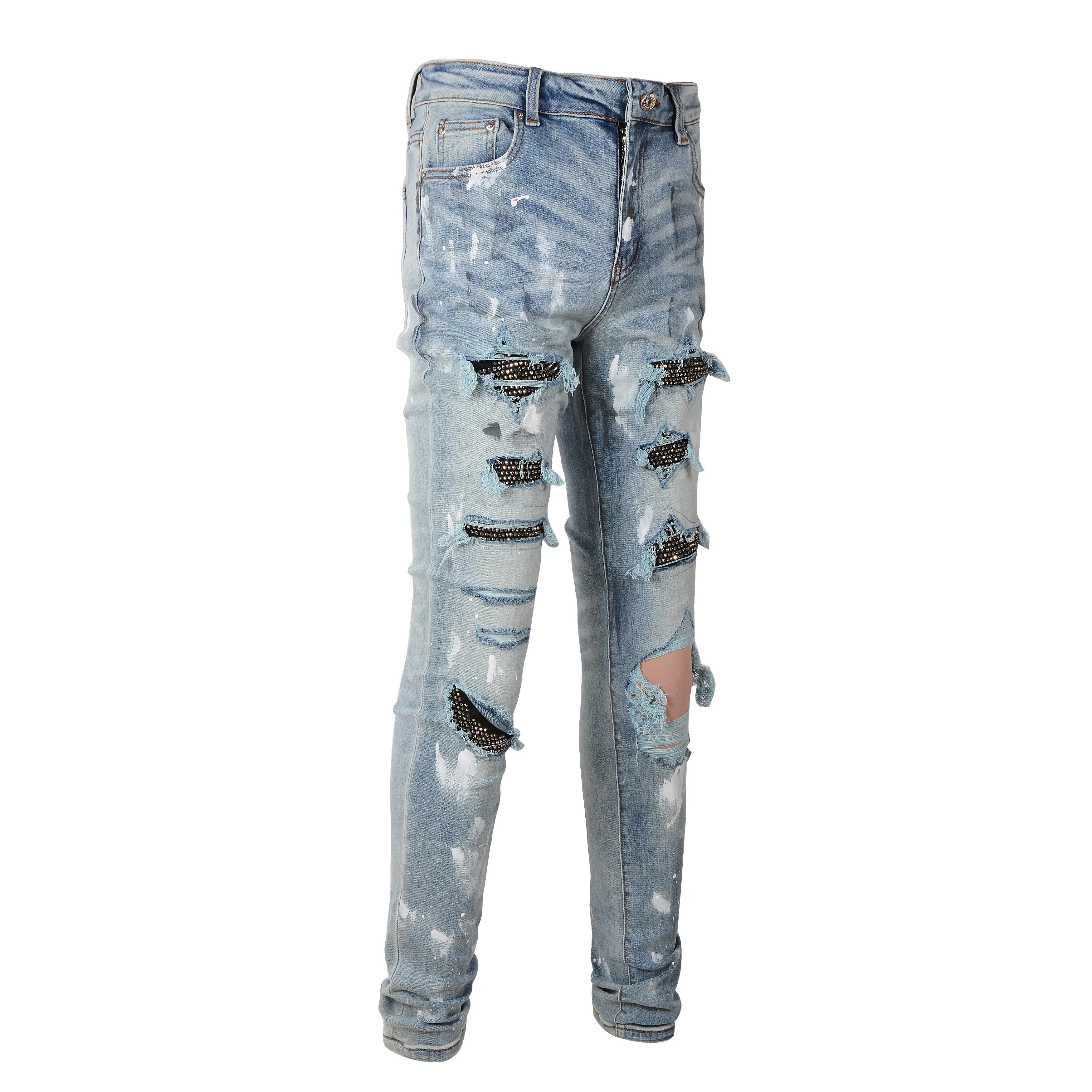 Splash-Ink Pressed Diamond Patch Stretch Jeans Ripped Jeans Men Jeans Trousers For Men