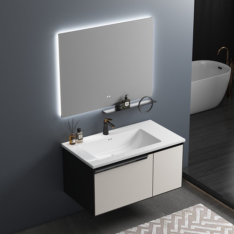 Wholesale Modern Hotel Bathroom Vanity Cabinet Wall Mounted PVC with LED Mirror Includes Accessories