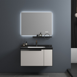 Wholesale Modern Hotel Bathroom Vanity Cabinet Wall Mounted PVC with LED Mirror Includes Accessories