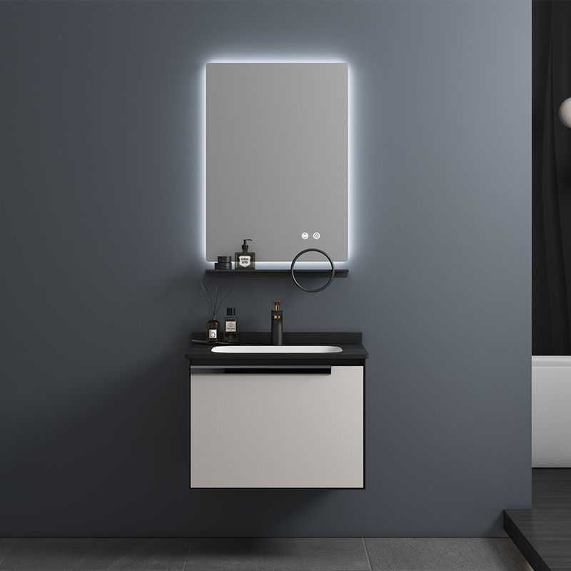 Wholesale Modern Hotel Bathroom Vanity Cabinet Wall Mounted PVC with LED Mirror Includes Accessories