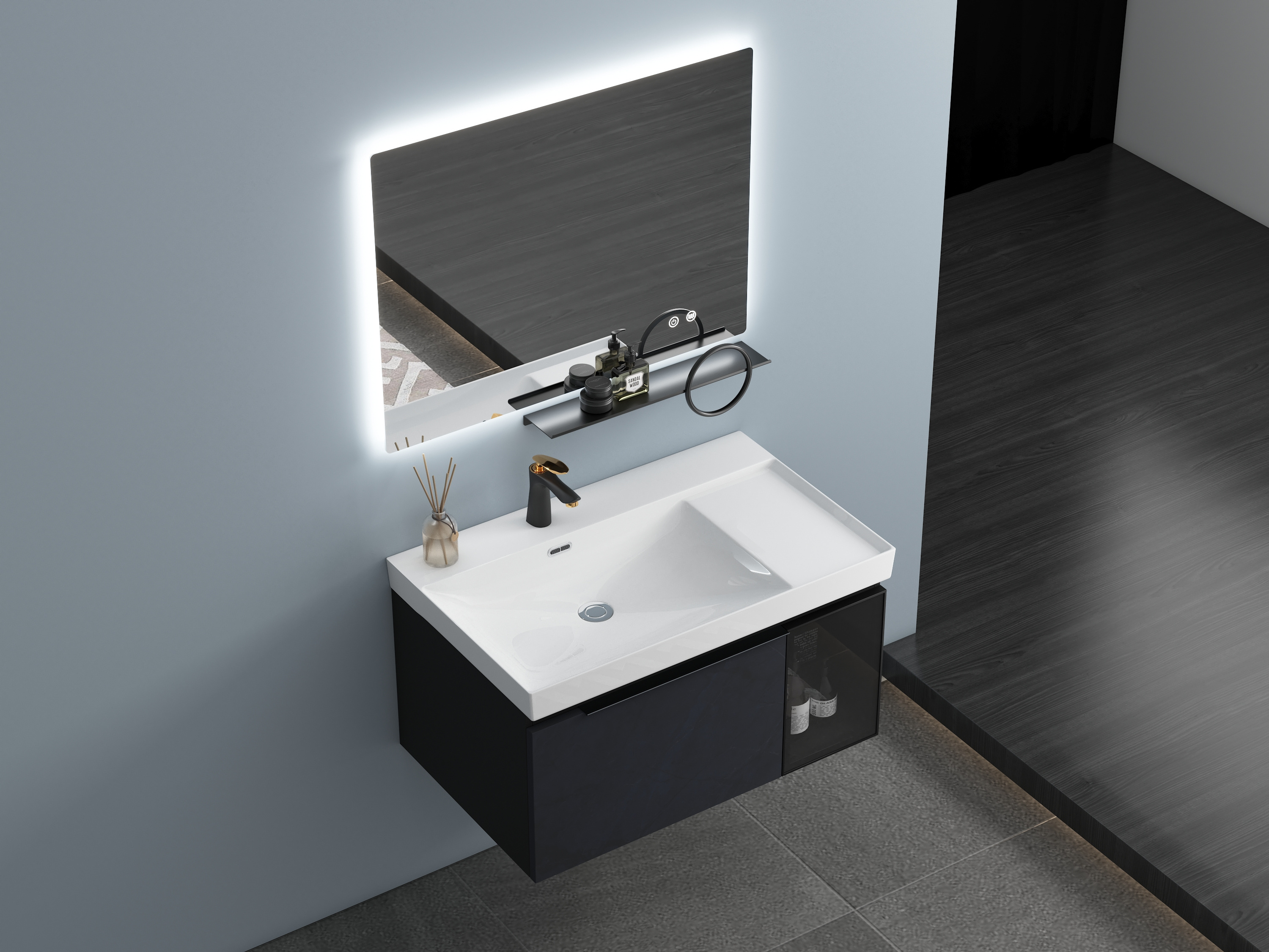 Luxury Modern Wall Mounted Mirrored Bathroom Vanity Cabinets Simple Design Solid Wood Includes Wash Basin Home