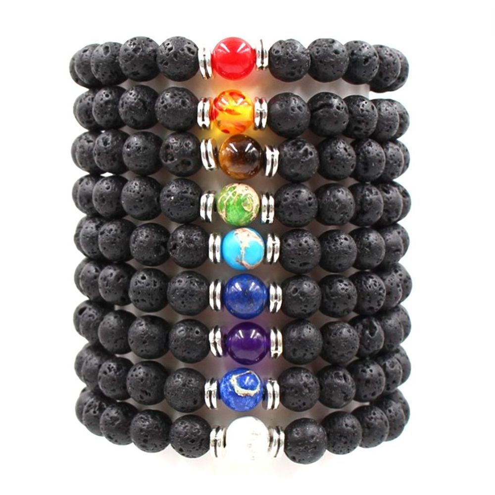 Natural Stone Gem Seven Chakras Bead Bracelet Lava Stone Diffuser Stretch Bracelet