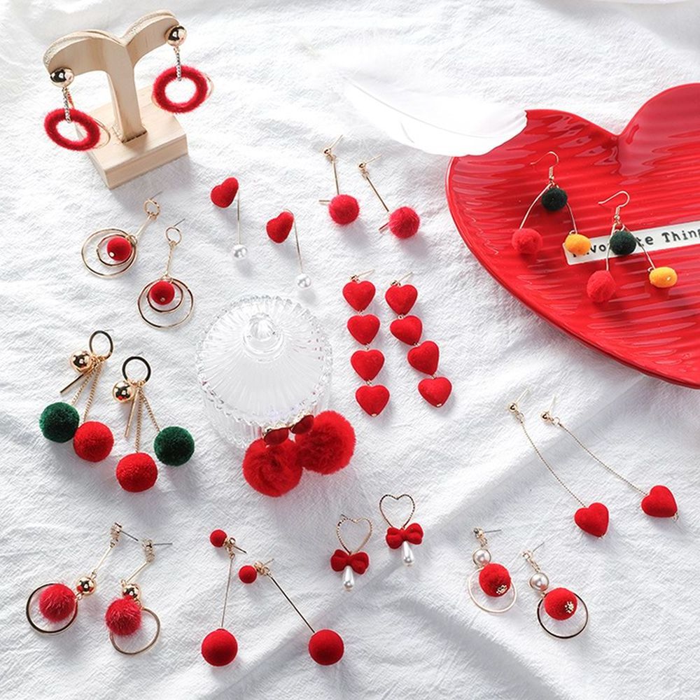 Fashion Accessories Korea Style Butterfly Knot Heart Flower Circle Shape Red Velvet Ball Earring