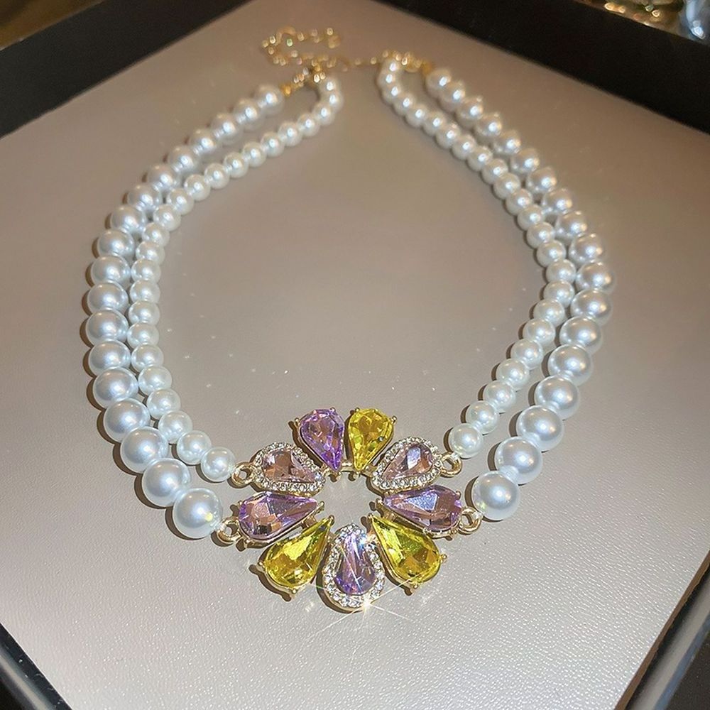 2024 New Luxury Colorful Crystal Pearl Flower Choker Necklace And Earring Jewelry Sets For Wedding