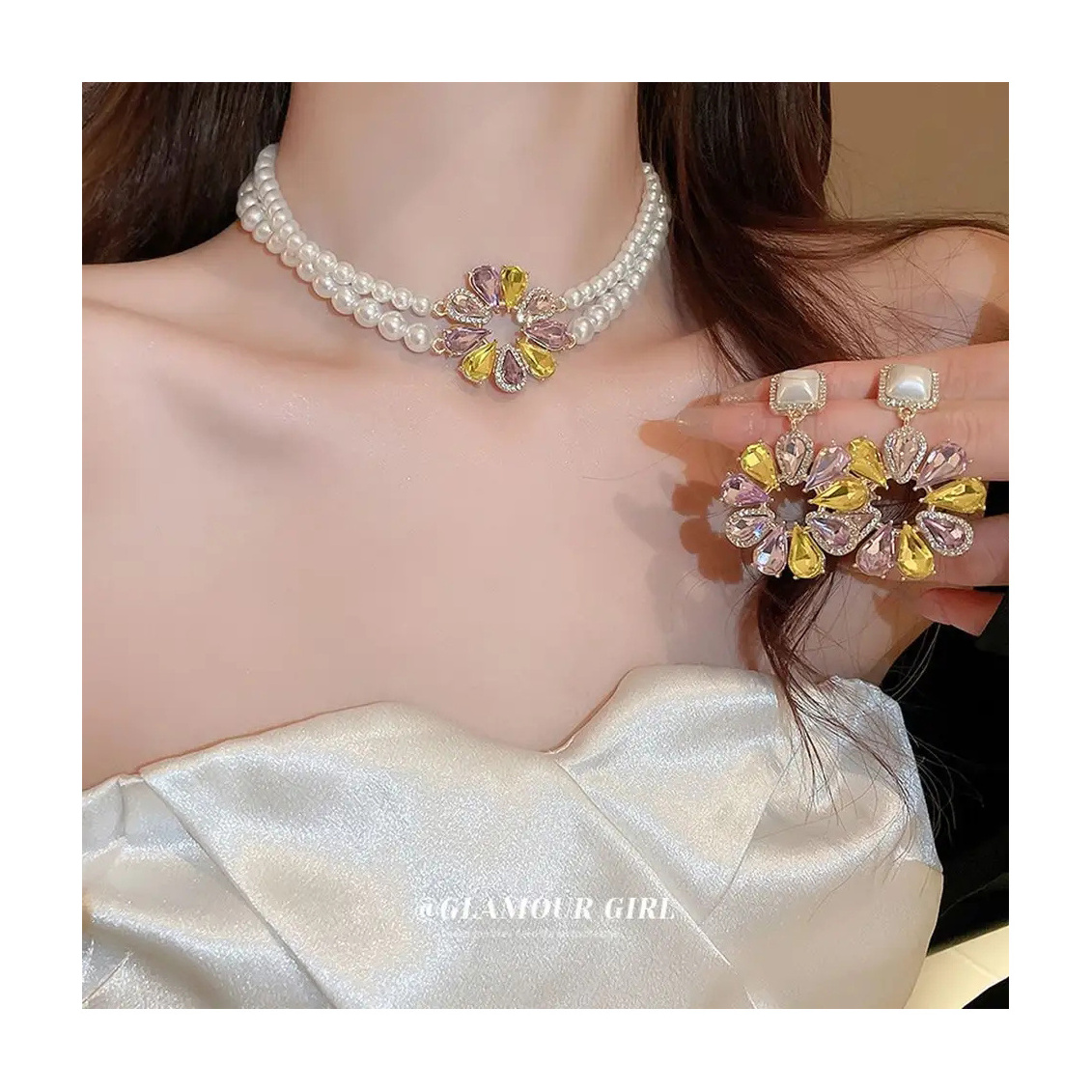 2024 New Luxury Colorful Crystal Pearl Flower Choker Necklace And Earring Jewelry Sets For Wedding