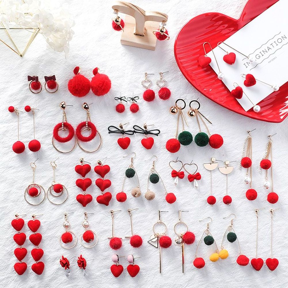 Fashion Accessories Korea Style Butterfly Knot Heart Flower Circle Shape Red Velvet Ball Earring