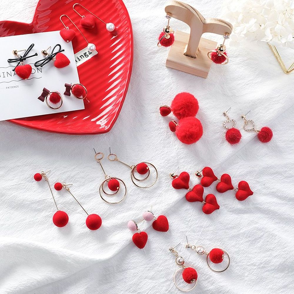 Fashion Accessories Korea Style Butterfly Knot Heart Flower Circle Shape Red Velvet Ball Earring