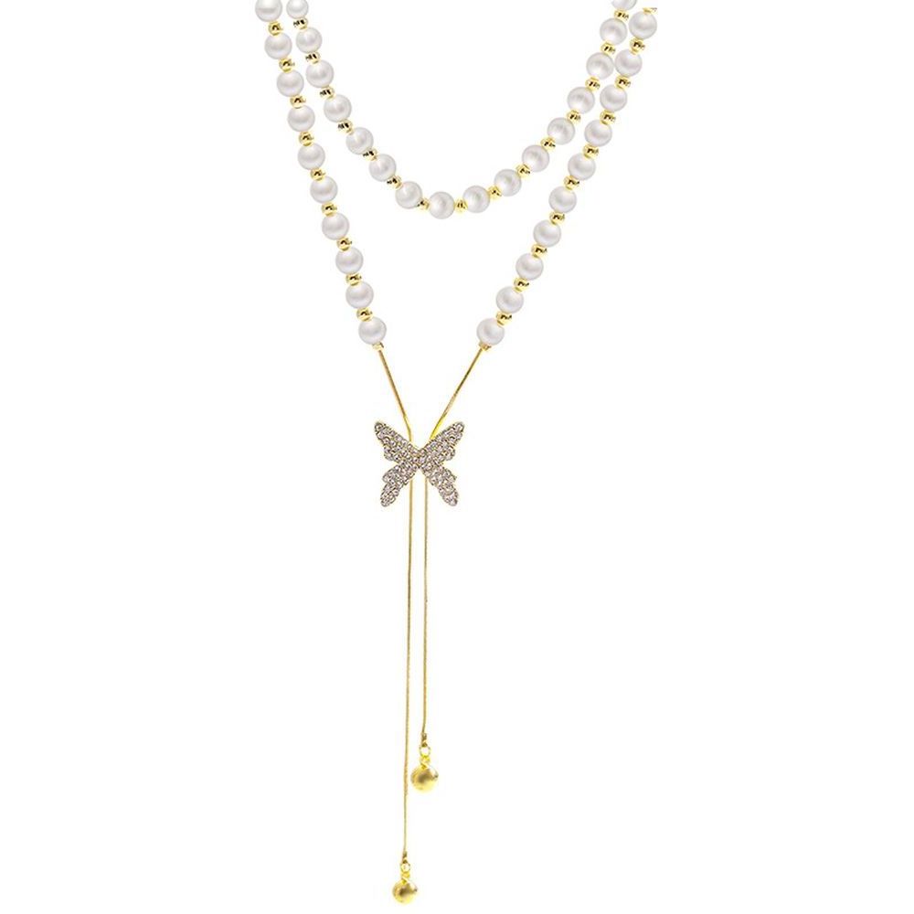 Women's Fashion 18K Gold Plated Butterfly Pendant Jewelry Designs Latest Adjustable Long Pearl Chains Necklace