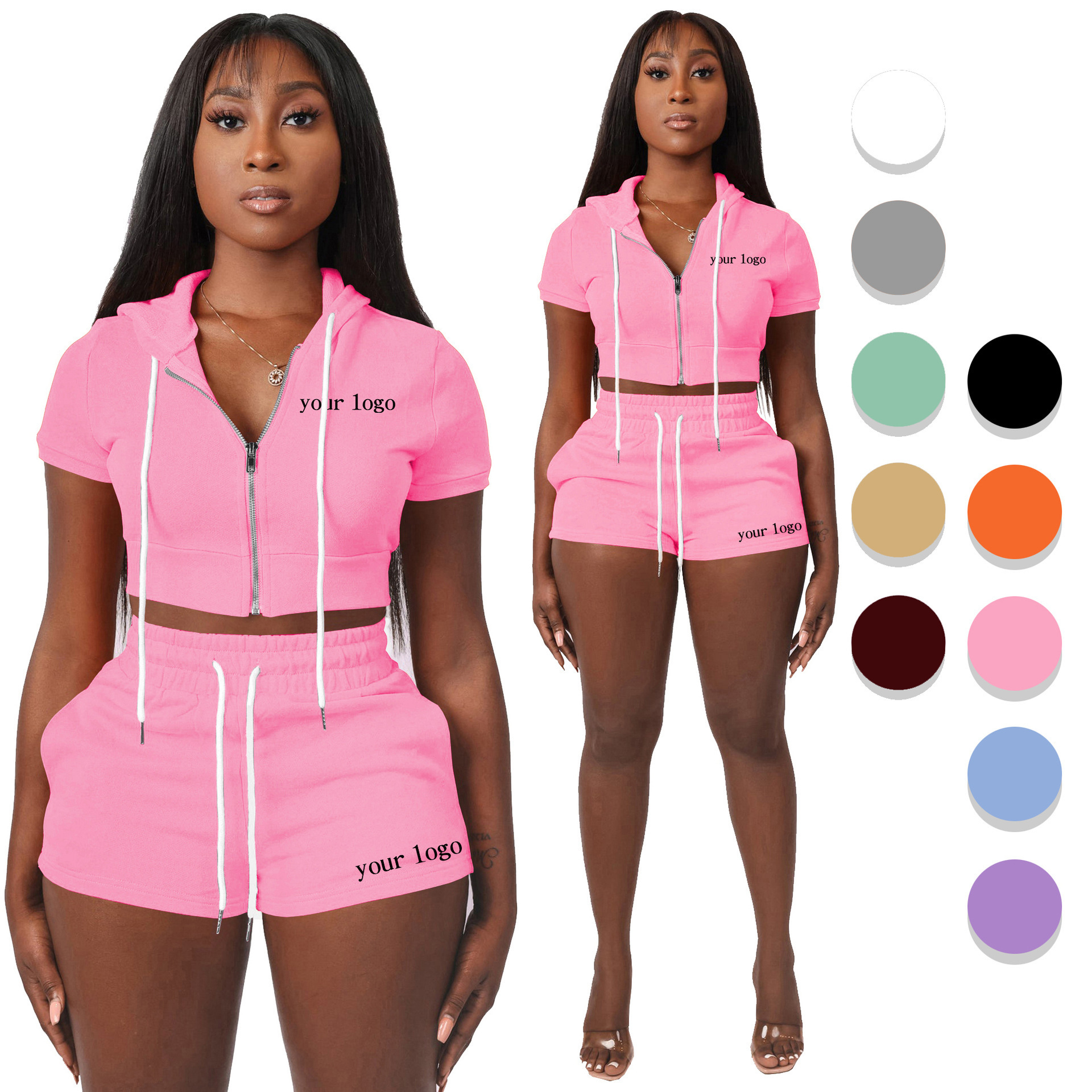 Sports Crop Top Hoodie Custom Logo Xs 2023 Summer Short Set Sweat Women Zipper Biker Short Set 2 Piece Jogger Two Piece Casual