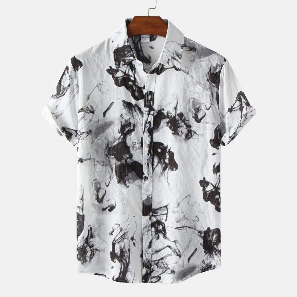 Oem Summer Men Hawaiian Shirt Geometric Print Short Sleeve Button Resort Casual Beach Shirts Men 2023 Cotton Mens Shirts