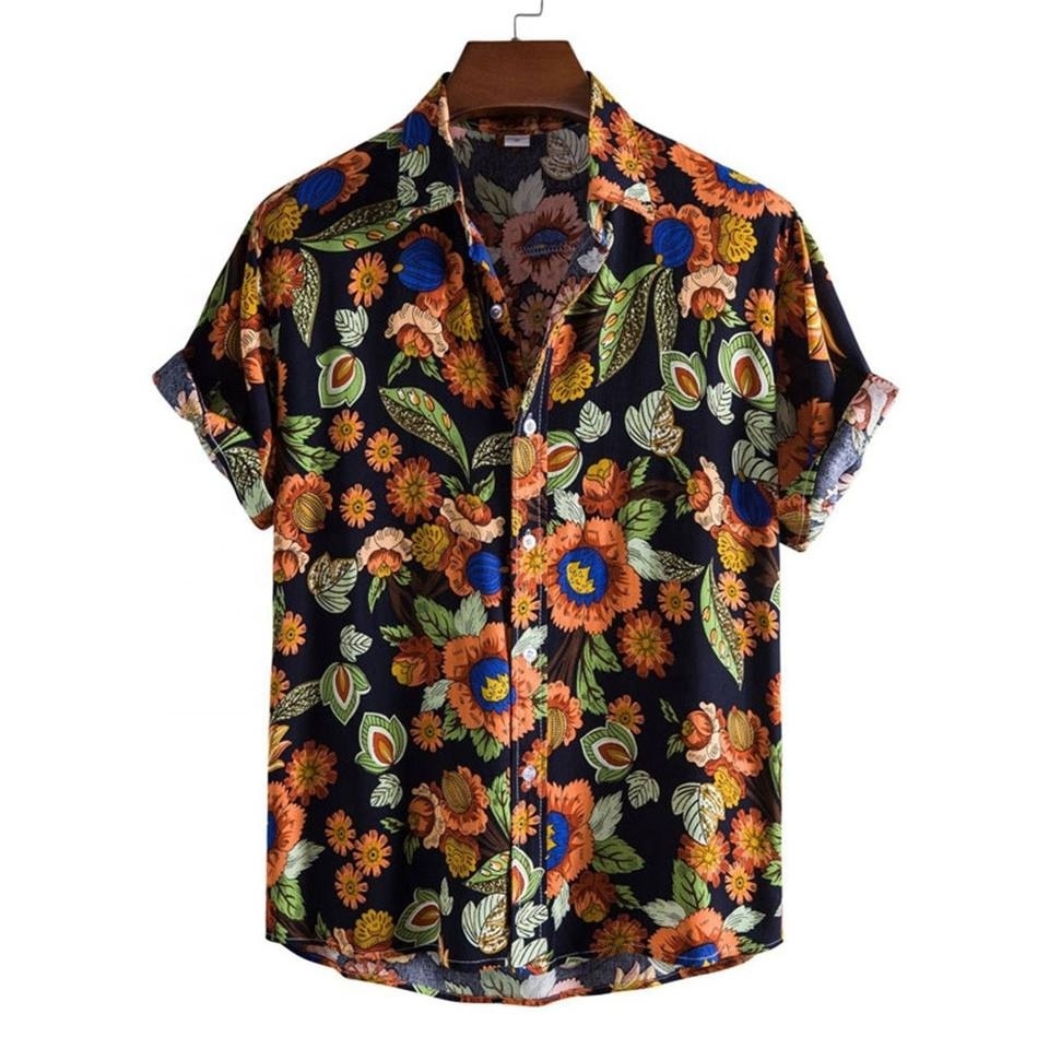 Hot Selling Custom Summer Beach Holiday Men's Short Sleeve Hawaiian Shirt Tropical Print Casual Button Down Aloha Shirt