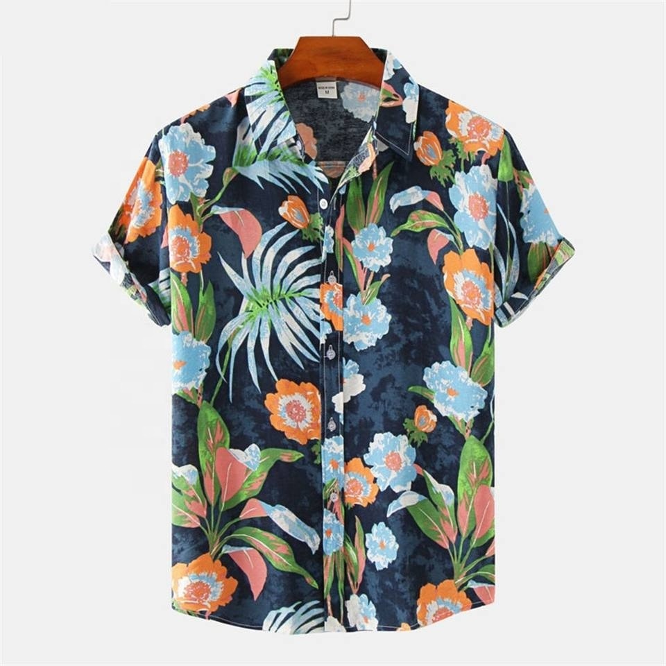 Hot Selling Custom Summer Beach Holiday Men's Short Sleeve Hawaiian Shirt Tropical Print Casual Button Down Aloha Shirt