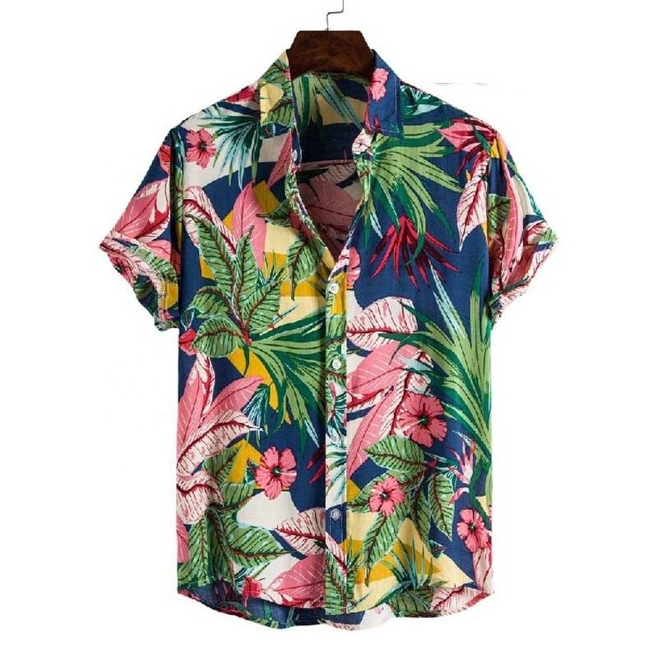 Hot Selling Custom Summer Beach Holiday Men's Short Sleeve Hawaiian Shirt Tropical Print Casual Button Down Aloha Shirt