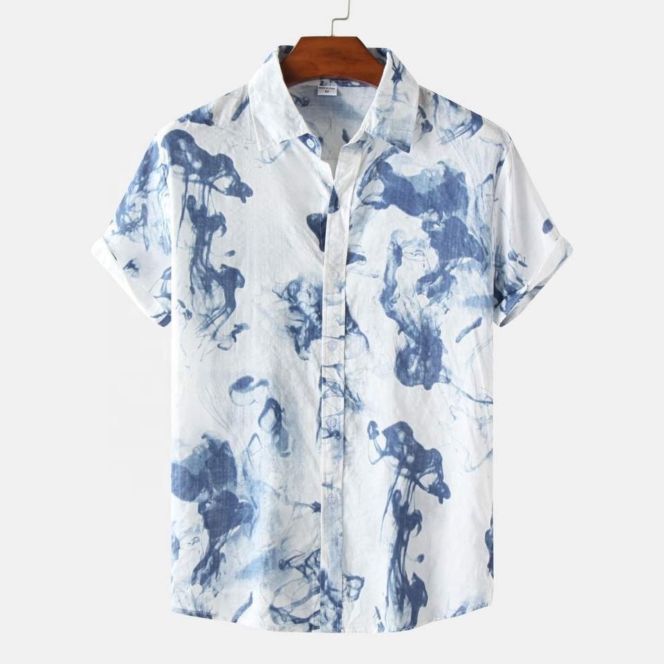 Oem Summer Men Hawaiian Shirt Geometric Print Short Sleeve Button Resort Casual Beach Shirts Men 2023 Cotton Mens Shirts